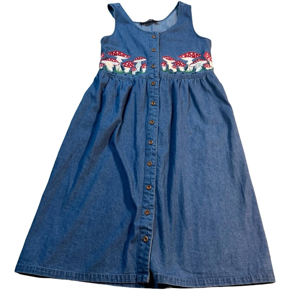 DANGERFIELD‎ Denim Dress Size 10 Mushroom Embroidered Button Front Midi